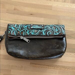 Brown and Teal Leather Clutch